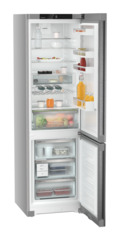 Product image, Perspective: oblique open decorated, Combined fridge-freezers with EasyFresh and NoFrost, Casing colour: silver, Door colour: stainless steel