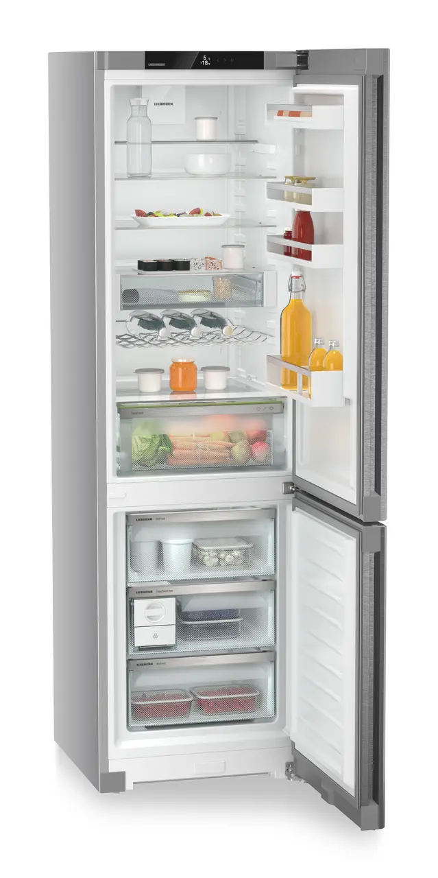 Product image, Perspective: oblique open decorated, Combined fridge-freezers with EasyFresh and NoFrost, Casing colour: silver, Door colour: stainless steel