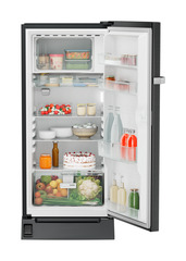 Product image, Perspective: straight open decorated, Single-door refrigerator 191 l with foot pedal base drawer and iCoolTouch UI, Casing colour: grey, Door colour: BlackSteel