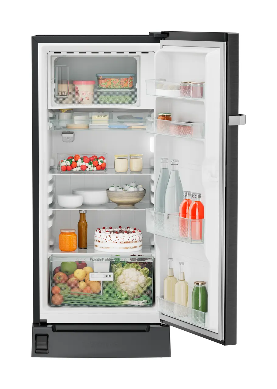 Product image, Perspective: straight open decorated, Single-door refrigerator 191 l with foot pedal base drawer and iCoolTouch UI, Casing colour: grey, Door colour: BlackSteel