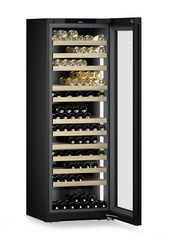Product image, Perspective: oblique open decorated, Multi-temperature wine cabinet, Casing colour: black, Door colour: GlassBlack