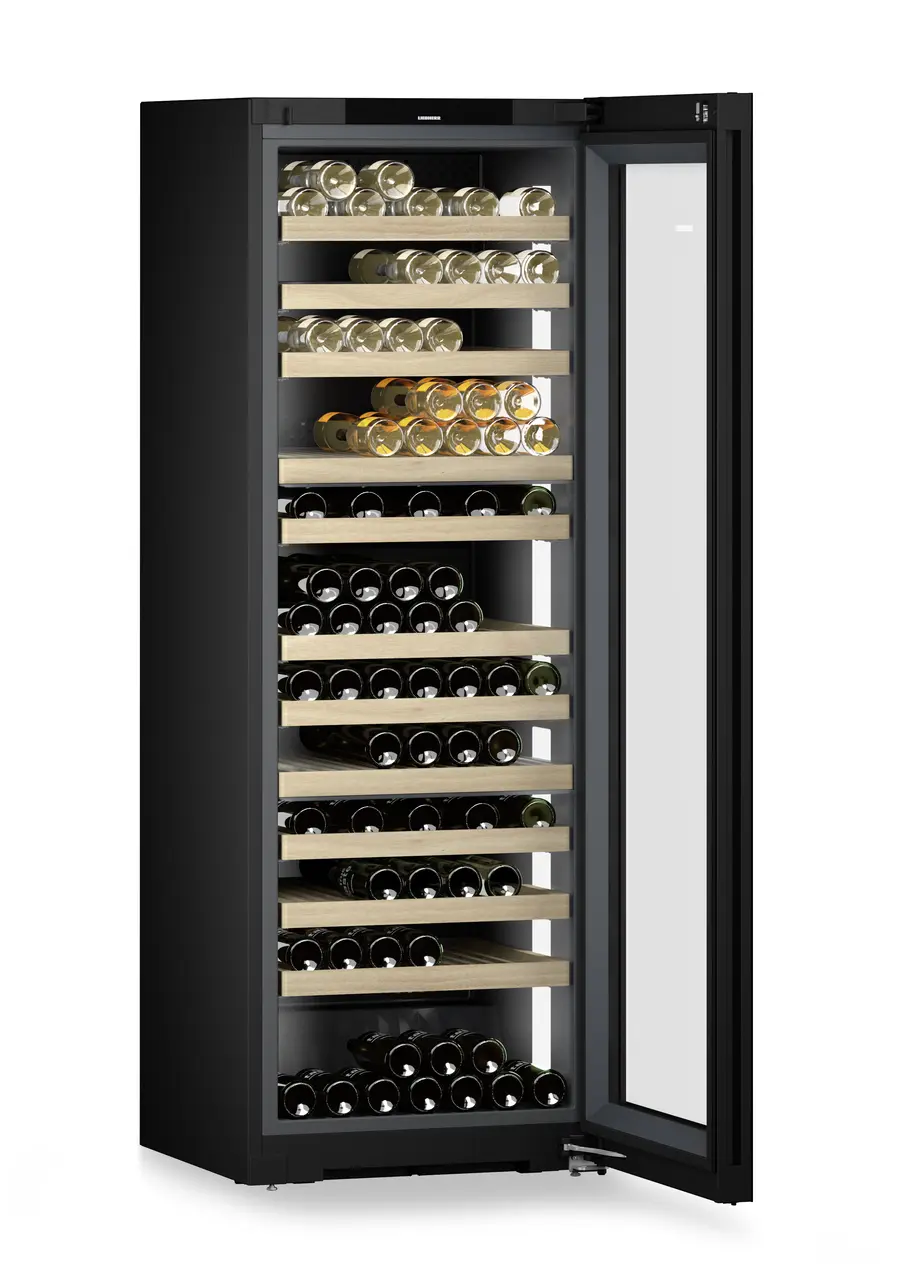 Product image, Perspective: oblique open decorated, Multi-temperature wine cabinet, Casing colour: black, Door colour: GlassBlack