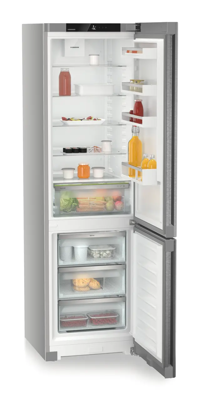 Obraz produktu, Perspektywa: Pod kątem, otwarte, z zawartością, Chłodziarko-zamrażarka z systemem EasyFresh i NoFrost, Kolor obudowy: Srebrny, Kolor drzwi: Stal szlachetna