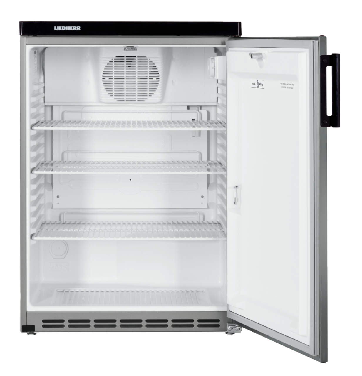 Produkt-Bild, Perspektive: gerade offen leer, Unterbaufähiges Kühlgerät mit Umluftkühlung, Gehäusefarbe: Weiß, Türfarbe: Edelstahl