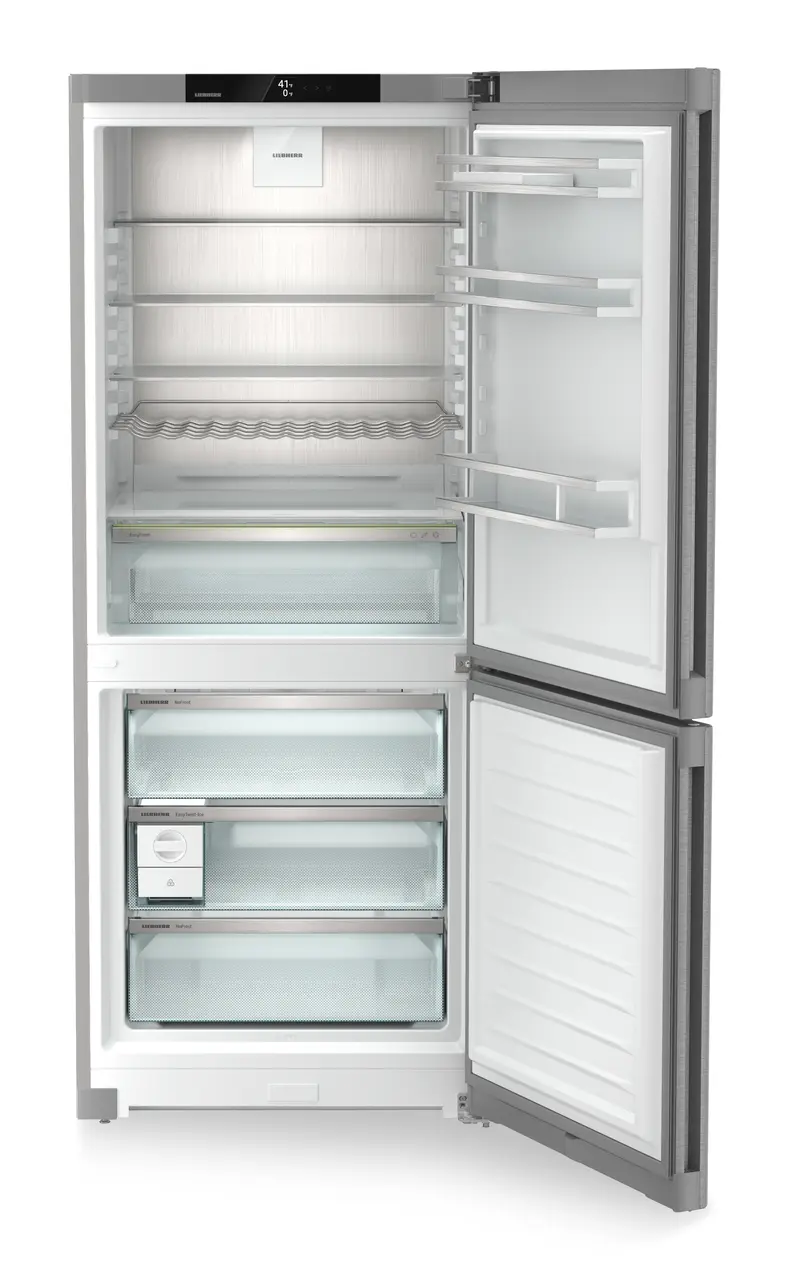 Product image, Perspective: straight open empty, Combined fridge-freezers with EasyFresh and NoFrost, Casing colour: silver, Door colour: stainless steel