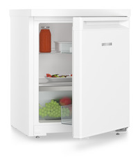 Produkt-Bild, Perspektive: schräg halb offen dekoriert, Tischkühlschrank, Gehäusefarbe: Weiß, Türfarbe: Weiß