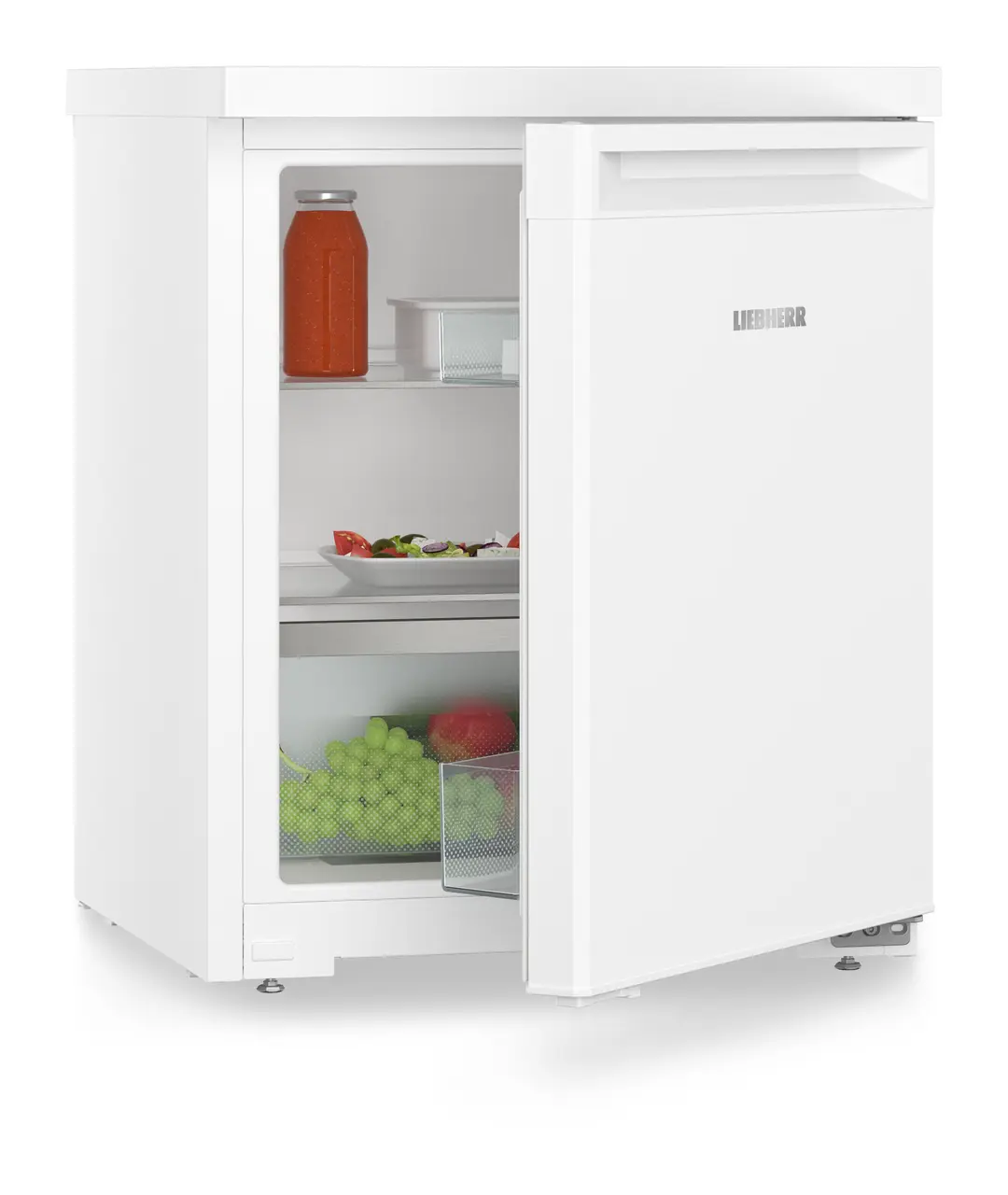 Изображение продукции, Перспектива: Под углом, с полуоткрытой дверцей, с продуктами, Малогабаритный холодильник, Цвет корпуса: белый, Цвет дверцы: белый