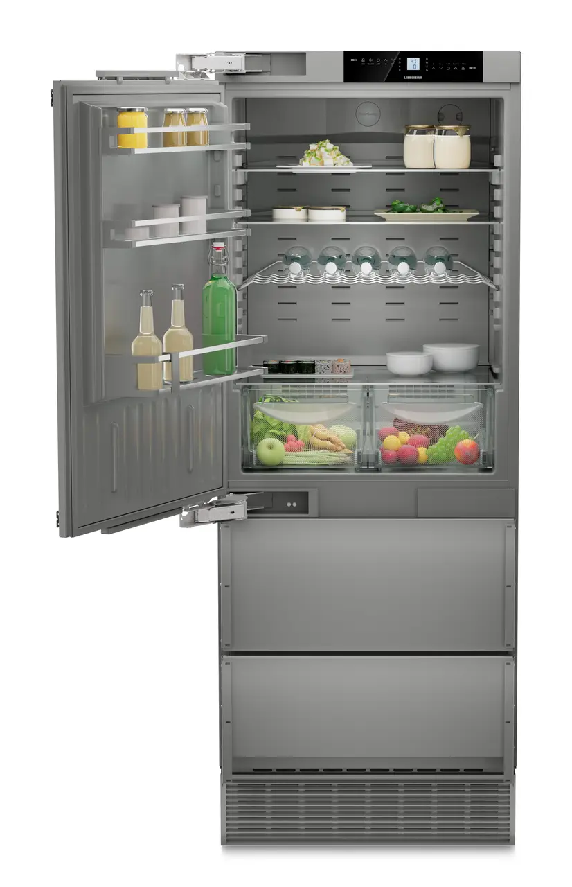 Product image, Perspective: straight open decorated, Combined refrigerator-freezer with NoFrost for integrated use, Casing colour: Anthracite