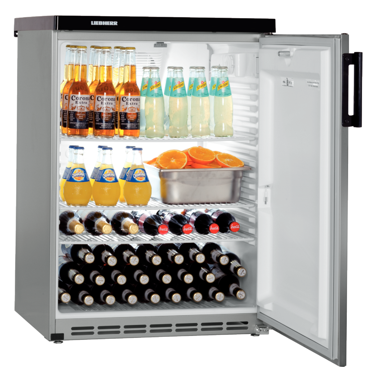 Изображение на продукта, Перспектива: Странично, отворен, отворен с продукти, Хладилник за вграждане под плот с динамично охлаждане, Цвят на корпуса: бял, Цвят на вратата: благородна стомана