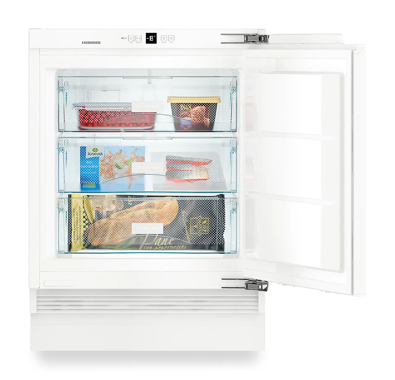 Product image, Perspective: straight open decorated, Under-worktop freezer for integrated use