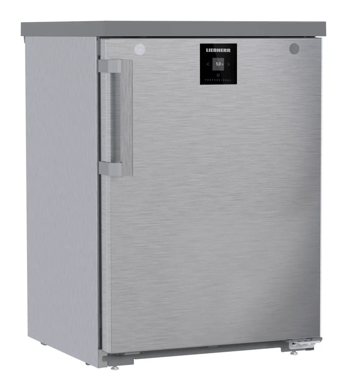 Obraz produktu, Perspektywa: Pod kątem, zamknięte, Chłodziarka do zabudowy pod blat z chłodzeniem powietrzem obiegowym, Kolor obudowy: Stal szlachetna, Kolor drzwi: Stal szlachetna