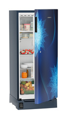 Product image, Perspective: oblique half-open decorated, Single-door fridge 186 l in 3 star with foot pedal base drawer, Casing colour: blue, Door colour: Blue Mystiq