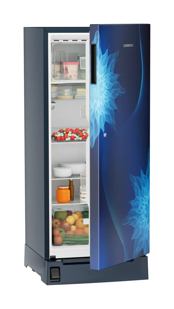 Product image, Perspective: oblique half-open decorated, Single-door refrigerator 202 l in 5 star with inverter compressor, Casing colour: blue, Door colour: Blue Mystiq