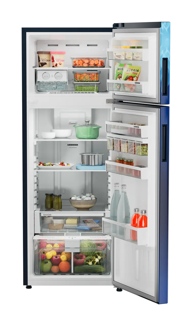 Product image, Perspective: straight open decorated, Fridge-freezer with NoFrost, Casing colour: blue, Door colour: Blue Mystiq