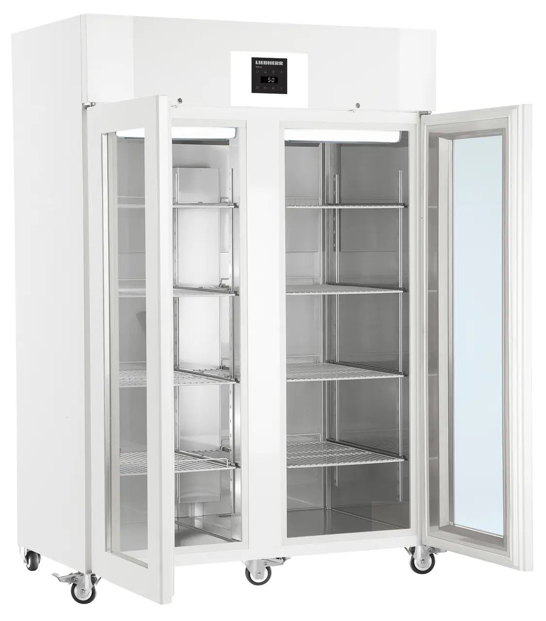 Product image, Perspective: oblique open empty, Lab refrigerator with profi electronic controller, Casing colour: white