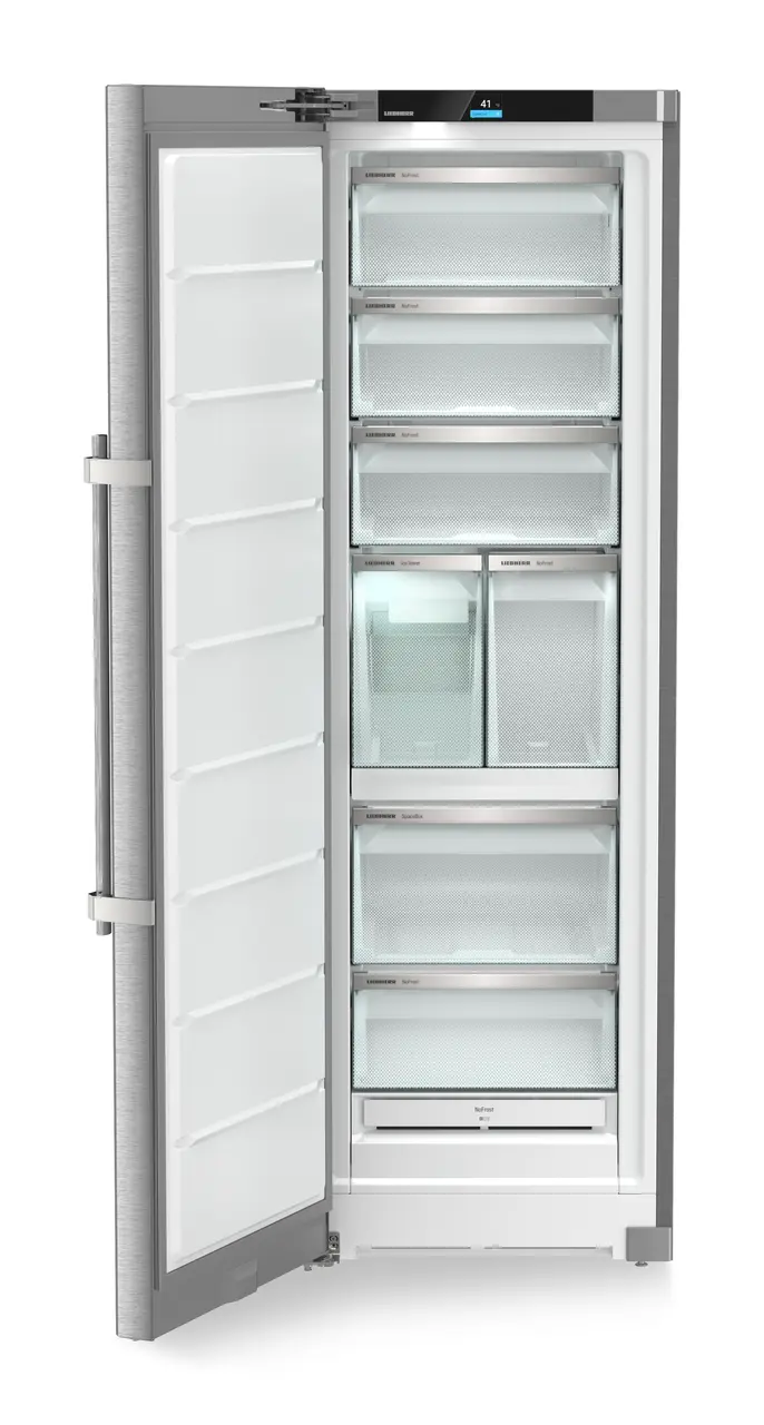 Product image, Perspective: straight open empty, Freestanding freezer with NoFrost and IceTower, Casing colour: stainless steel, Door colour: stainless steel