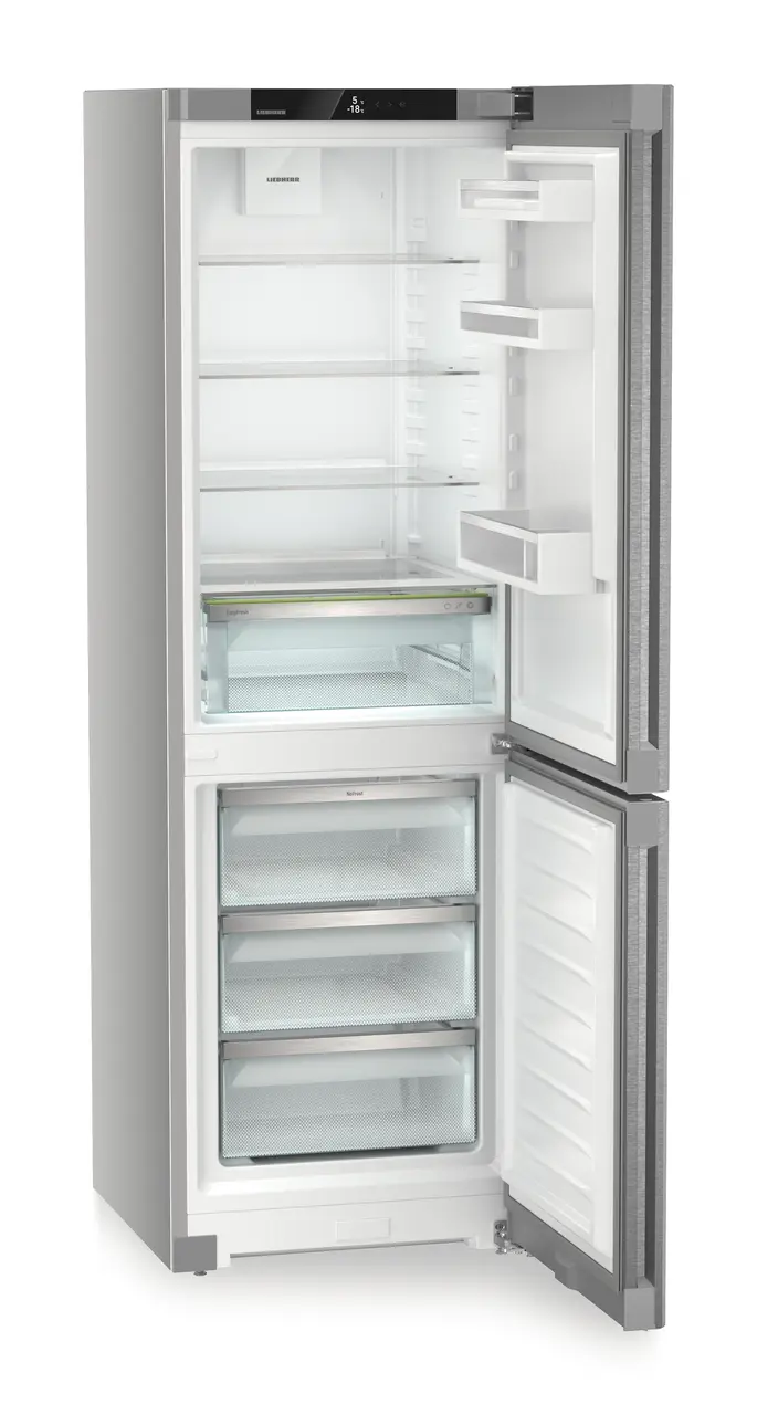 Product image, Perspective: oblique open empty, Combined fridge-freezer with EasyFresh and NoFrost, Casing colour: silver, Door colour: stainless steel