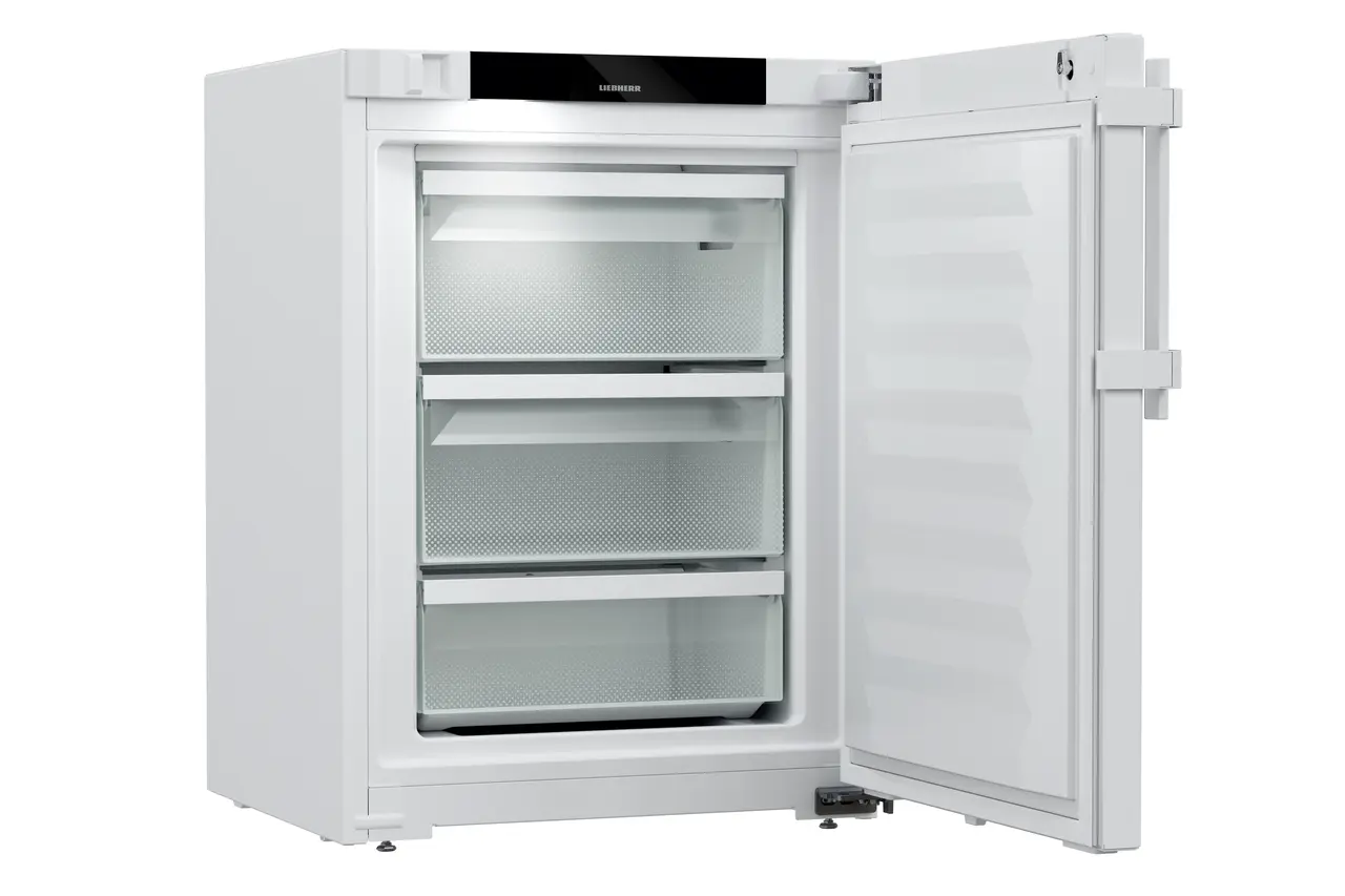 Produkt-Bild, Perspektive: schräg offen leer, Laborgefriergerät mit Umluftkühlung, Gehäusefarbe: Weiß, Türfarbe: Weiß