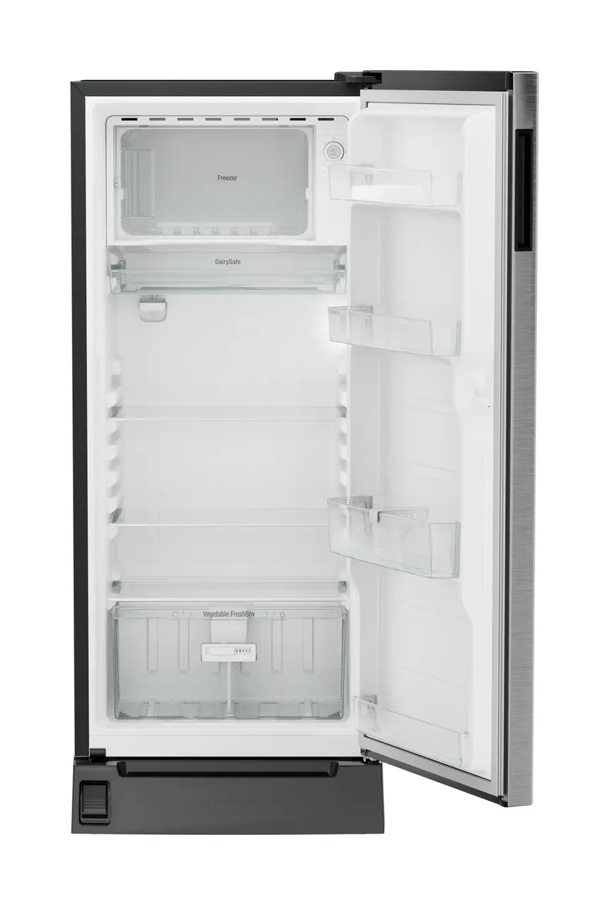Product image, Perspective: straight open empty, Single-door refrigerator 202 l in 3 star with foot pedal base drawer, Casing colour: grey, Door colour: Silver Steel