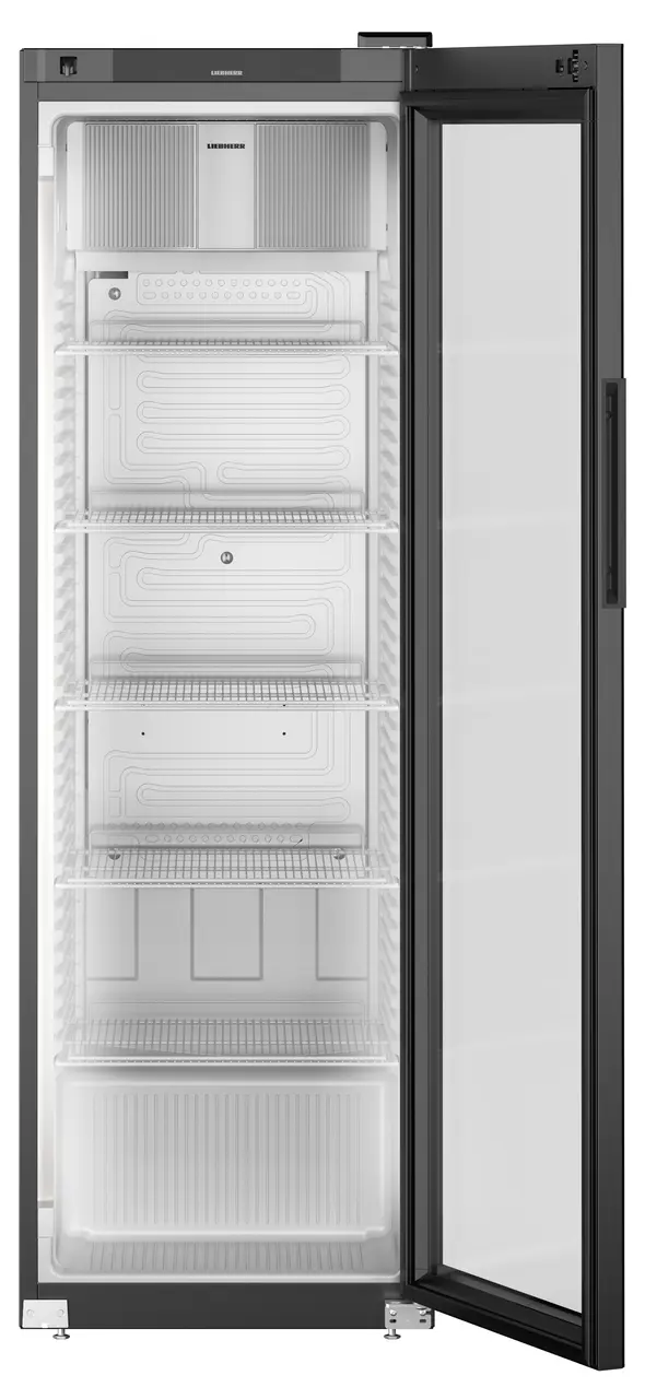 Изображение на продукта, Перспектива: Отпред, отворен, празен, Хладилник с динамично охлаждане, Цвят на корпуса: черен, Цвят на вратата: черен