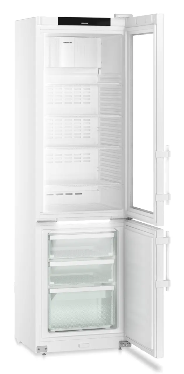 Produkt-Bild, Perspektive: schräg offen leer, Labor-Kühl-Gefrierkombination mit NoFrost, Gehäusefarbe: Weiß, Türfarbe: Weiß