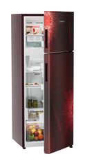 Product image, Perspective: oblique half-open decorated, Fridge-freezer with NoFrost, Casing colour: red, Door colour: Red Mystiq