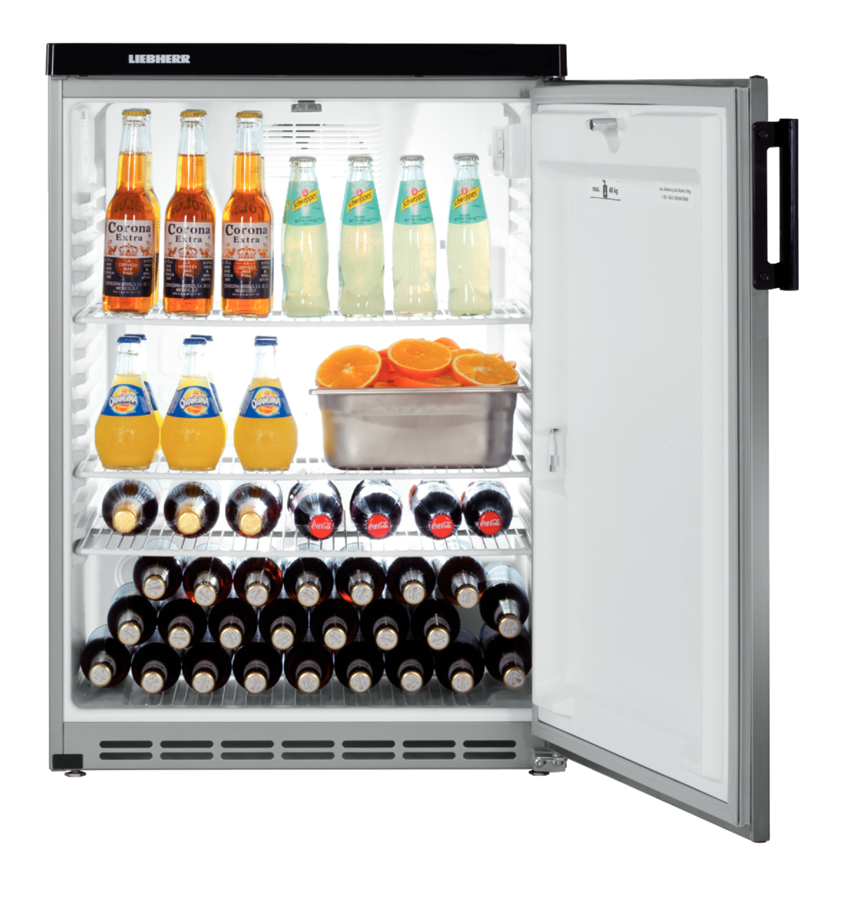 Produkt-Bild, Perspektive: gerade offen dekoriert, Unterbaufähiges Kühlgerät mit Umluftkühlung, Gehäusefarbe: Weiß, Türfarbe: Edelstahl