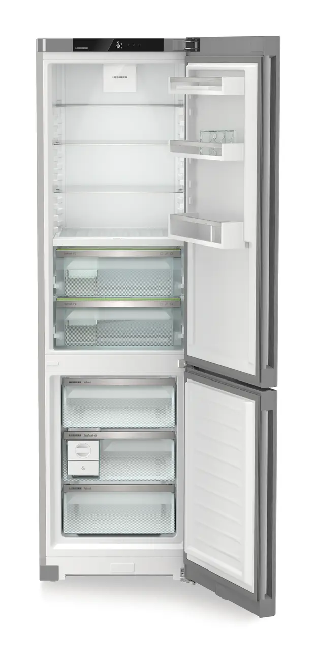 Product image, Perspective: straight open empty, Fridge-freezer with BioFresh and NoFrost, Casing colour: silver, Door colour: Steelfinish