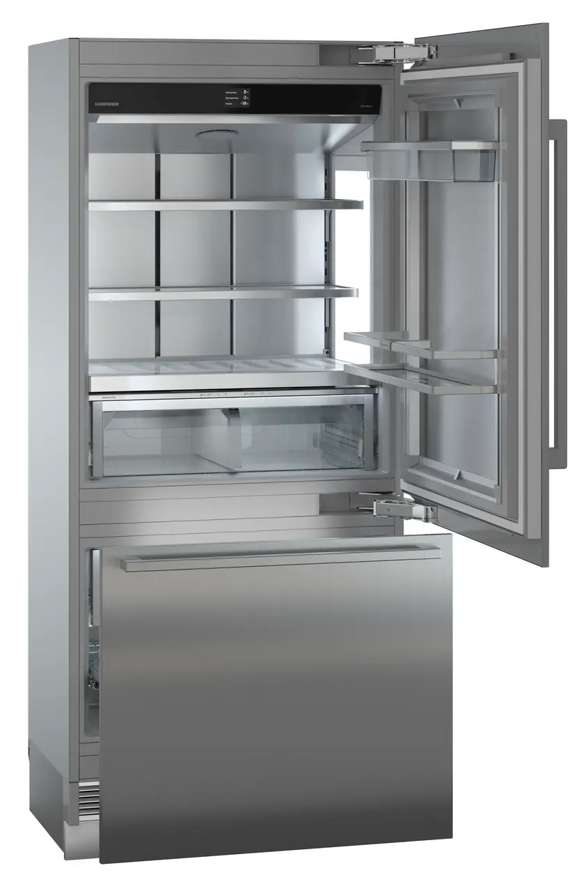 Product image, Perspective: oblique open empty, Combined refrigerator-freezer with BioFresh and NoFrost for integrated use