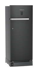 Product image, Perspective: oblique closed, Single-door refrigerator 222 l with foot pedal base drawer and iCoolTouch UI, Casing colour: grey, Door colour: BlackSteel