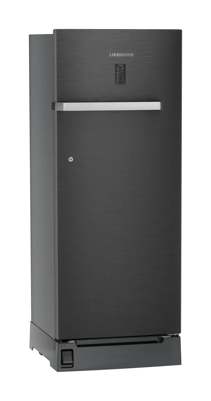 Product image, Perspective: oblique closed, Single-door refrigerator 222 l with foot pedal base drawer and iCoolTouch UI, Casing colour: grey, Door colour: BlackSteel