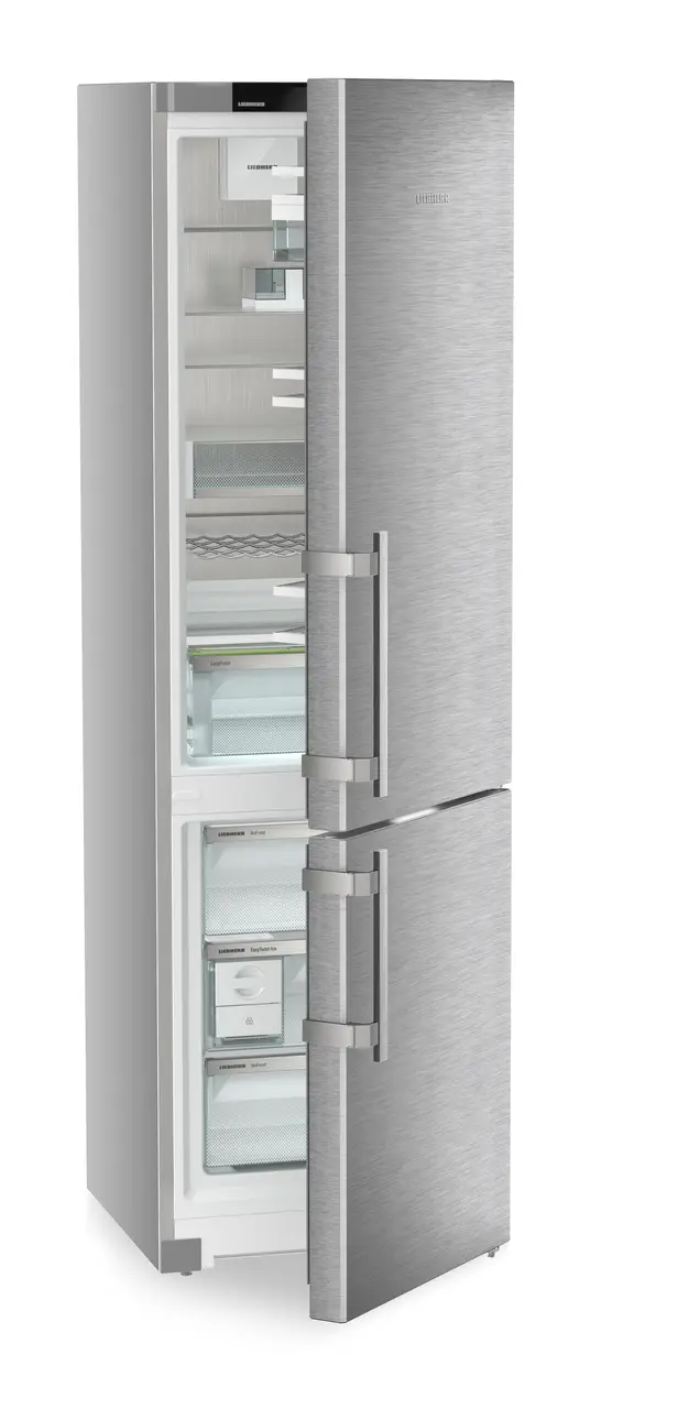 Produktbillede, Perspektiv: Skrå halvåben tom, Køle-frysekombination med EasyFresh og NoFrost, Dørfarve: Rustfrit stål