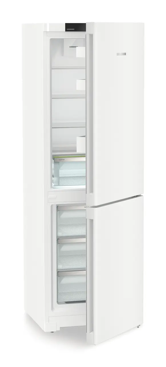 Product image, Perspective: oblique half-open empty, Combined fridge-freezers with EasyFresh and NoFrost, Casing colour: white, Door colour: white
