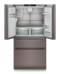 Produkt-Bild, Perspektive: gerade offen leer, French-Door-Kühl-Gefrierkombination mit 2 Gefrierschubladen und Wasser- und Eiswürfelspender, Gehäusefarbe: TerraSteel, Türfarbe: TerraSteel