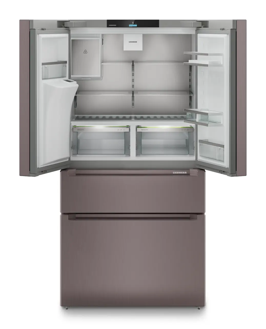 Produkt-Bild, Perspektive: gerade offen leer, French-Door-Kühl-Gefrierkombination mit 2 Gefrierschubladen und Wasser- und Eiswürfelspender, Gehäusefarbe: TerraSteel, Türfarbe: TerraSteel