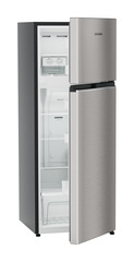 Product image, Perspective: oblique half-open empty, Fridge-freezer with NoFrost, Casing colour: grey, Door colour: Stainless Steel
