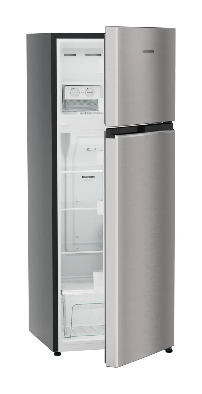 Product image, Perspective: oblique half-open empty, Fridge-freezer with NoFrost, Casing colour: grey, Door colour: Stainless Steel