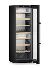 Product image, Perspective: oblique open empty, Multi-temperature wine cabinet, Casing colour: BlackSteel, Door colour: BlackSteel