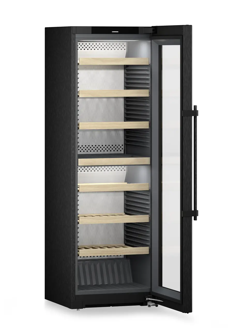 Product image, Perspective: oblique open empty, Multi-temperature wine cabinet, Casing colour: BlackSteel, Door colour: BlackSteel
