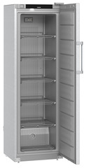 Product image, Perspective: oblique open empty, Freestanding freezer with SmartFrost, Casing colour: stainless steel, Door colour: stainless steel