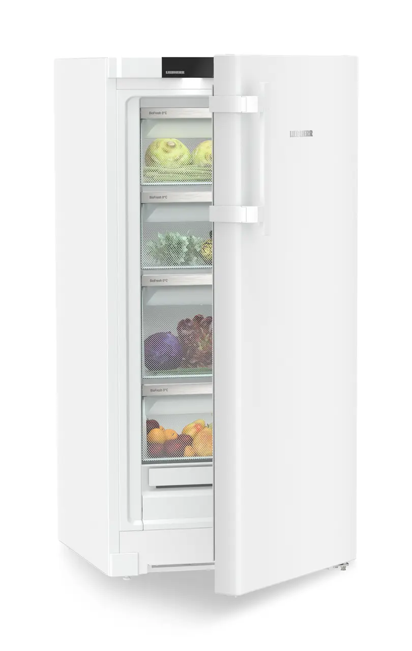 Produkt-Bild, Perspektive: schräg halb offen dekoriert, Vollraum-BioFresh-Kühlschrank, Gehäusefarbe: Weiß, Türfarbe: Weiß