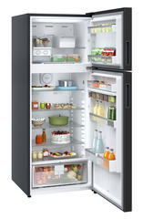 Product image, Perspective: oblique open decorated, Fridge-freezer with NoFrost, Casing colour: grey, Door colour: Black Gloss