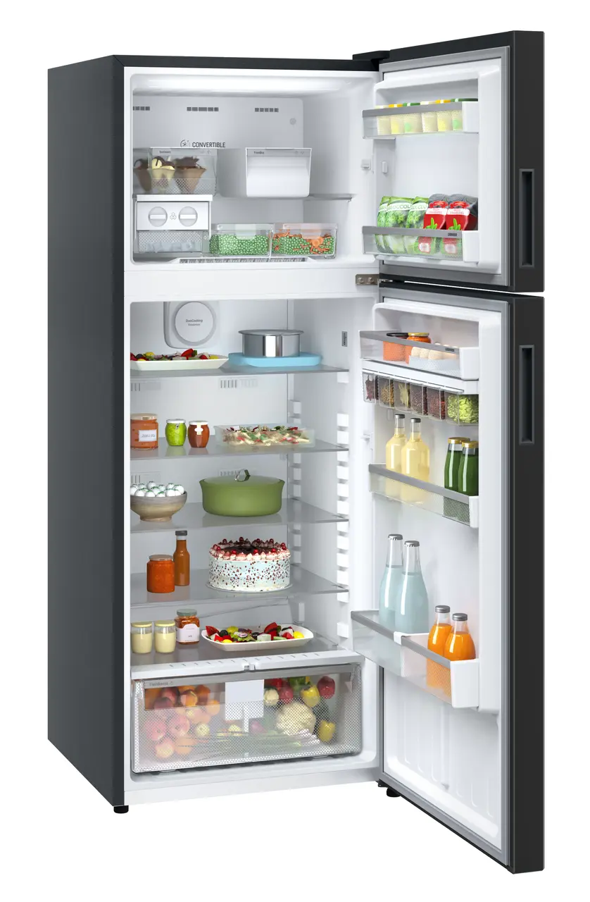 Product image, Perspective: oblique open decorated, Fridge-freezer with NoFrost, Casing colour: grey, Door colour: Black Gloss