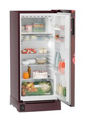 Product image, Perspective: oblique open decorated, Single-door fridge, 191 l in 2 star with foot pedal base drawer, Casing colour: red, Door colour: Red Divine