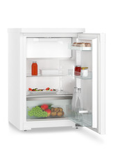 Izstrādājuma attēls, Perspektīva: Ieslīps skats, atvērts, ar produktiem, Zemais ledusskapis, Korpusa krāsa: balta, Durvju krāsa: balta