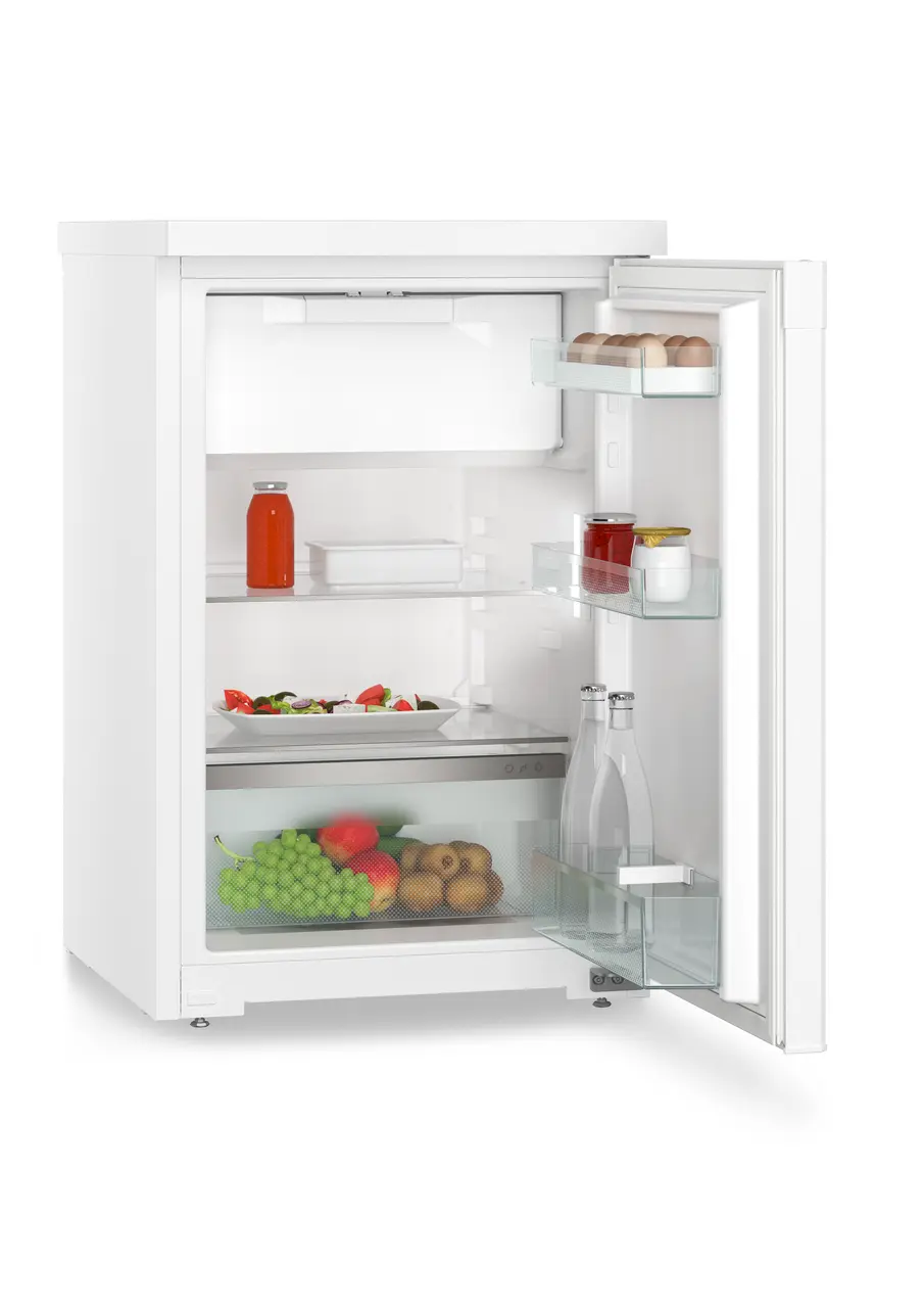 Izstrādājuma attēls, Perspektīva: Ieslīps skats, atvērts, ar produktiem, Zemais ledusskapis, Korpusa krāsa: balta, Durvju krāsa: balta