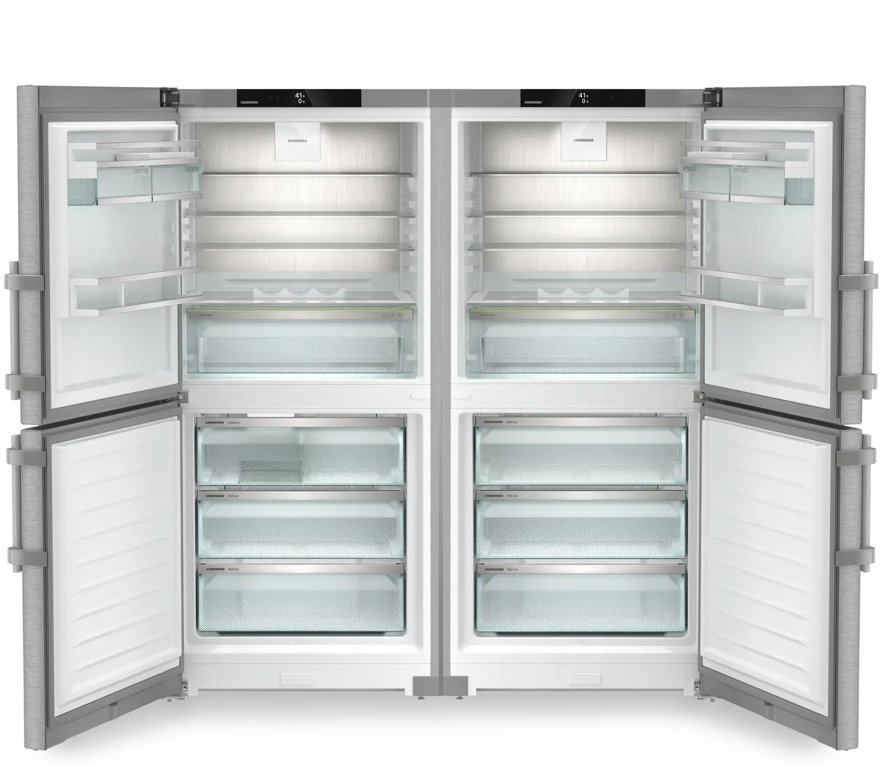 Product image, Perspective: straight open empty, Side-by-Side combination, Casing colour: silver, Door colour: stainless steel