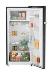 Product image, Perspective: straight open decorated, Single-door refrigerator 202 l in 4 star with iCoolTouch UI, Casing colour: grey, Door colour: BlackSteel