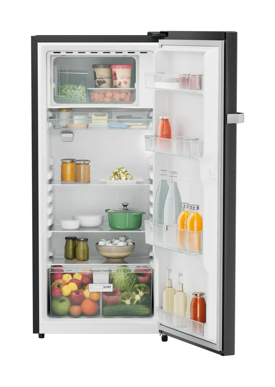 Product image, Perspective: straight open decorated, Single-door refrigerator 202 l in 4 star with iCoolTouch UI, Casing colour: grey, Door colour: BlackSteel