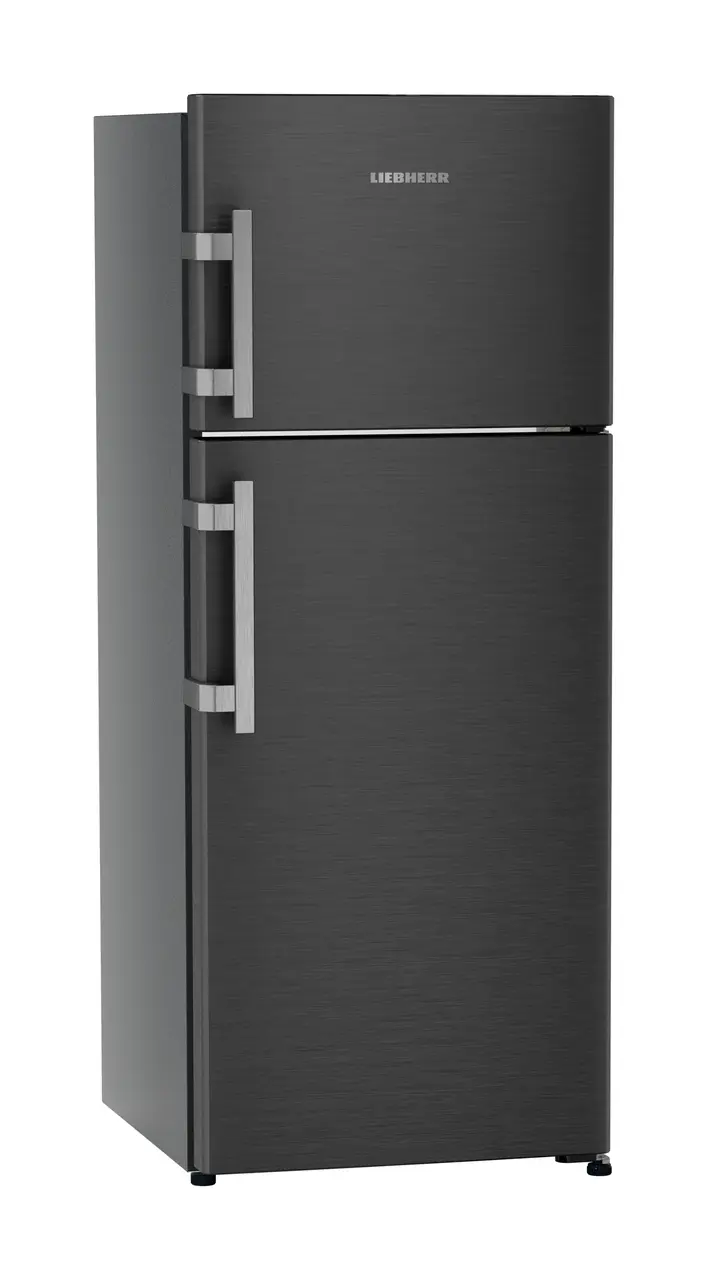 Product image, Perspective: oblique closed, Fridge-freezer with NoFrost, Casing colour: grey, Door colour: BlackSteel